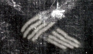 Close-up Negative of Hands of the Shroud of Turin with the fingers Highlighted