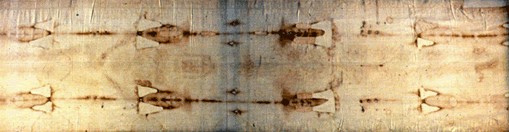 The Shroud of Turin as seen by the naked eye, slightly enhanced to show detail